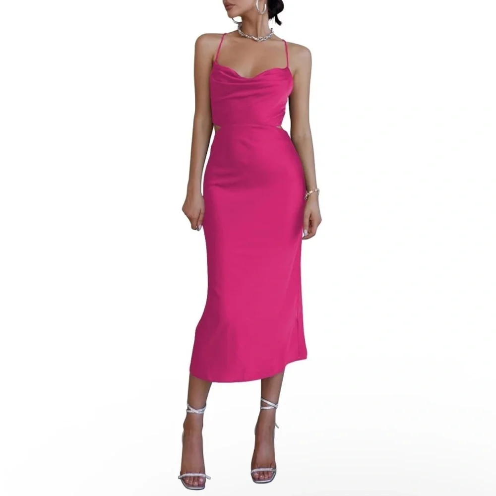 NWT Women’s Pink Satin Slip Open Back Crisscross Cowl Neck Midi Dress Sz Medium